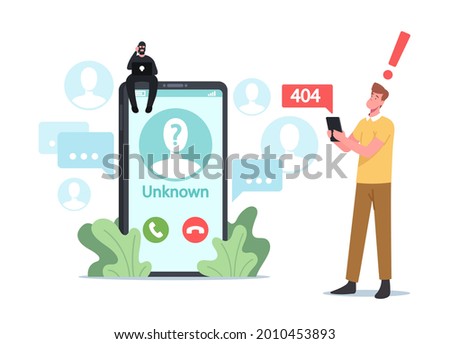 Cheater Prank or Scam Activity Concept. Tiny Fraud Character Sit on Huge Smartphone Call from Unknown Number to Subscriber. Hoax Warning, Suspicious Anonymous Calls. Cartoon People Vector Illustration