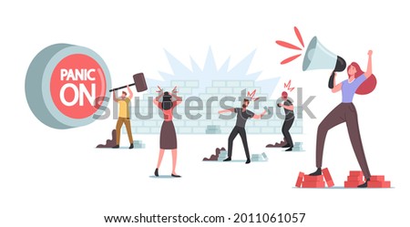 Panic, Violence Riot, Looting, Aggressive Herd Behavior Concept. Male Characters Throw Stones, Woman Yell to Loudspeaker, Huge red Button On. Damage, Conflict. Cartoon People Vector Illustration