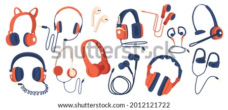 Set of Headphones, Wired and Wireless Earphones, Audio Equipment for Music Listening. Earbuds for Smartphone and Electronic Devices, Accessory Isolated on White Background. Cartoon Vector Illustration