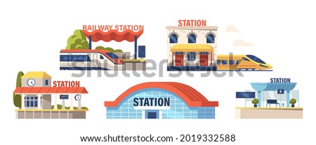 Set of Icons Railway Stations Modern Building Facade Design with Electric Train, Platform with Digital Schedule Display and Hanging Clock Isolated on White Background. Cartoon Vector Illustration