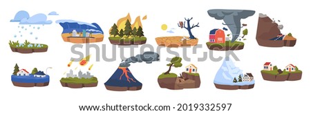 Climate Change Icons Set. Melting Glaciers, Deforestation and Flood, Earthquake, Meteor Rain, Tornado and Hail. Rockfall, Greenhouse Effect, Forest Fires and Volcano Eruption. Vector Illustration