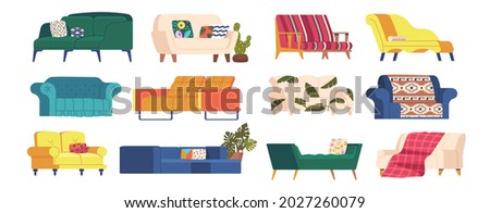 Set of Sofa and Couch of Different Design, Quilted Button Tufted Upholstery, Armrests, Wooden Thin Legs and Soft Seats. Classic Style Furniture, Cartoon Vector Lounges Isolated on White Background