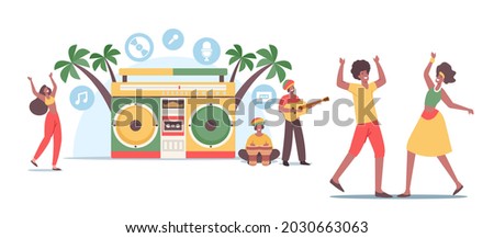 Reggae Party. Tiny Rasta Male and Female Characters in Jamaica Costumes Dance and Playing Guitar or Drums Instruments at Huge Tape Recorder on Beach. People Music Fun. Cartoon Vector Illustration