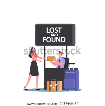 Traveler Female Character Claim her Bag in Lost and Found Luggage Office in Airport. Happy Passenger Lose Baggage. Woman Receive Clutch from Worker in Service Stall. Cartoon People Vector Illustration