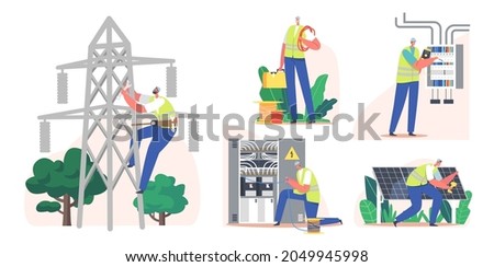 Set Electrical Utility Delivery of Energy to Consumer. Electrician Worker Install Solar Panels, Electricity Transmission and Distribution. Character Measure Voltage. Cartoon People Vector Illustration Сток-фото © 