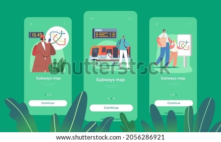 People Use Map in Metro Mobile App Page Onboard Screen Template. Characters at Subway Station with Train, Escalator, Map, Clock and Digital Display, City Commuter Concept. People Vector Illustration