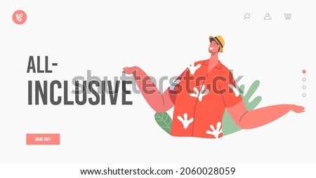 All Inclusive Landing Page Template. Man Wear Summer Clothes and Hat on Summer Recreation, Happy Male Character on Beach. Resort Recreation, Vacation and Holidays. Cartoon People Vector Illustration