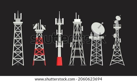 Set of Radio Masts, Communication or Telecommunication Towers and Satellite Signal Transmitters. Different Types of Telecom, Television and Radio Waves Broadcasting. Cartoon Vector Illustration, Icons