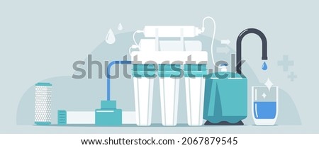 Water Filter, Reverse Osmosis Natural Fresh Aqua Purification System. Isolated Undersink House Water Filter, Purity, Mineral Filtration, Granular Activated Carbon Blocks. Cartoon Vector Illustration