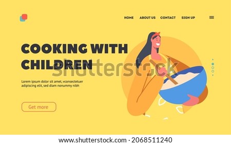 Cooking with Children Landing Page Template. Woman Mixing Dough in Bowl, Female Character Cook Bakery, Pastry or Bread. Mother, Housewife, Chef Trying New Recipe. Cartoon People Vector Illustration