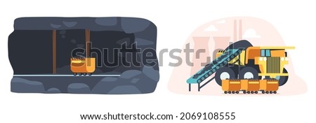 Coal Mining Interior, Quarry with Heavy Industrial Machinery and Transport. Dump Truck Loading Charcoal or Metal Ore at Opencast. Pit, Mine Production, Stone Quarrying. Cartoon Vector Illustration