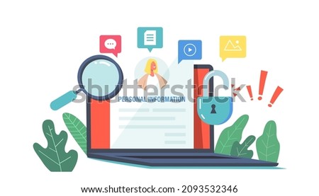 Doxxing Concept with Personal Data Information Search, Pc Computer and Magnifying Glass. Online Information Hacking and Exploit or Dissemination Results. Cartoon Vector Illustration Foto d'archivio © 