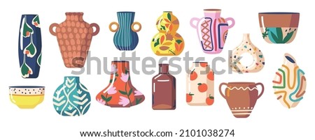 Set of Modern and Antique Ceramic Vases, Jugs, Pots. Home Decoration, Chinese Porcelain Pottery with Paintings. Oriental Decorative Elements Collection for Interior Design. Cartoon Vector Illustration