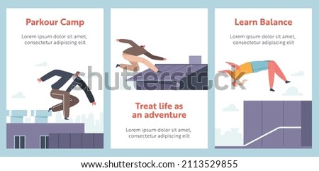 City Parkour Cartoon Banners Concept. Young Men and Women Jumping Over Walls or Barriers, Urban Sports, Active Lifestyle, Sport Activity. Teenagers Tricks and Training on Street. Vector Posters Stock foto © 