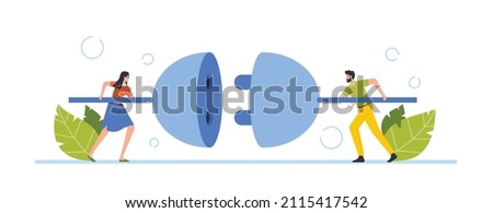 Business Connection, Partnership Concept. Tiny Businessman and Businesswoman Characters Connecting Huge Plug and Outlet, Teamwork Cooperation, Idea Generation. Cartoon People Vector Illustration