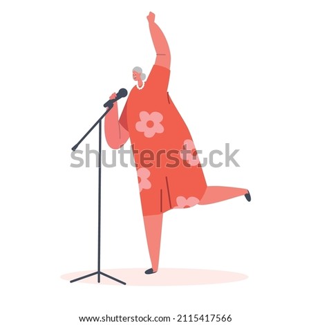 Grandmother Singing Song in Karaoke. Senior Woman with Microphone Performing Composition in Bar. Artist Female Character Singing at Music Event, Concert or Party. Cartoon People Vector Illustration
