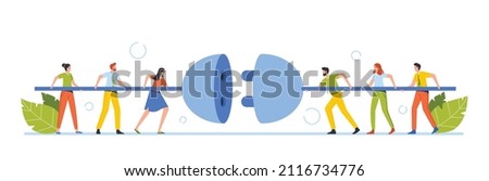 Tiny Business Characters Connecting Huge Plug. Men and Women Connecting Power Socket. Teamwork Cooperation, Business Connection, Partnership Concept Cartoon People Vector Illustration