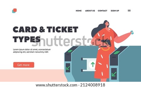 Cards and Ticket Types Landing Page Template. Metro Passengers Scanning Electronic Train Tickets at Turnstiles Entrance, Characters in Subway Public Transport. Cartoon People Vector Illustration