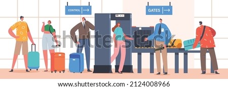 Transport Baggage Check in Airport, Characters Pass through Metal Detector Security Frame. Police Department Screening, Travelers Scanner for Passengers Protection. Cartoon People Vector Illustration