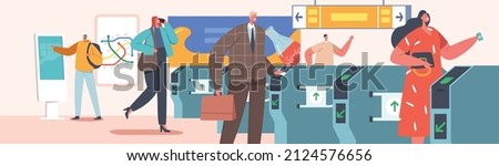 People Travel by Subway. Male and Female Characters Pass Through Turnstile and Await Arrival of Train Buy Tickets at Box Office and Study Online Maps Train Route. Cartoon People Vector Illustration