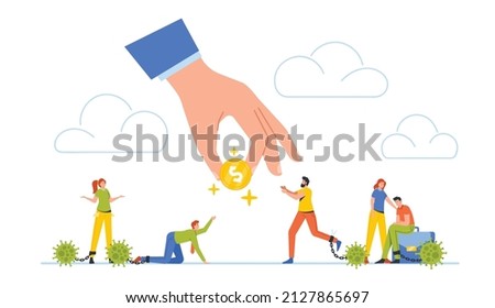 Business Characters with Virus Chain on Legs Begging Money from Huge Hand with Coin, Global Economic Impact. Market and Economics Collapse due Coronavirus Pandemic. Cartoon People Vector Illustration 商業照片 © 