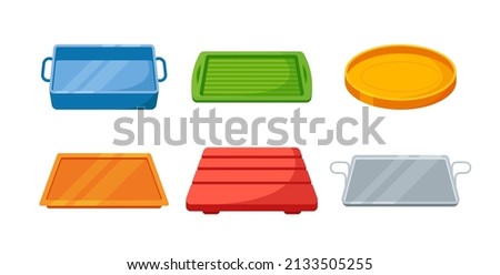 Set of Colorful Food Plastic, Metal and Wooden Trays, Blank Fast Food Plates with Handles. Empty Containers, Rectangle, Square or Round Platter for Meal Serving. Isolated Cartoon Vector Illustration ストックフォト © 