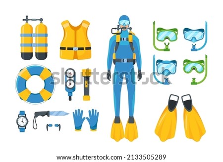 Set of Diving Equipment Snorkeling Masks, Scuba Diver Tools Underwater Glasses, Mouthpiece Tube for Swimming, Balloons, Flippers, Life Buoy, Knife. Watch, Gloves, Pressure Gauge. Cartoon Vector Icons