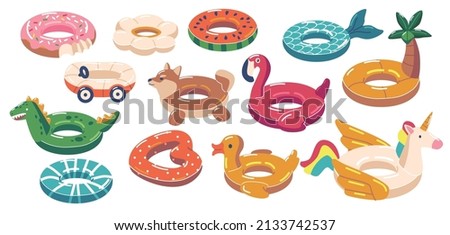 Set of Rubber Rings Unicorn, Duck, Heart and Watermelon, Dragon, Flamingo, Palm or Car with Donut. Swimming Inner Tubes, Colorful Rubber Summer Toys, Water Beach Lifebuoy. Cartoon Vector Illustration