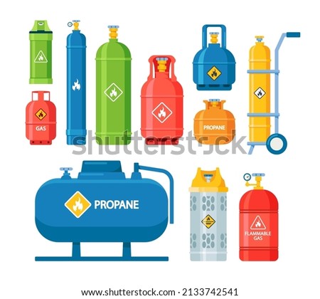 Set of Icons Gas Tanks and Cylinders with Compressed Oxygen, Propane Dangerous Flammable Liquid Isolated on White Background. Metal Canisters with Fire Labels Collection. Cartoon Vector Illustration 商業照片 © 