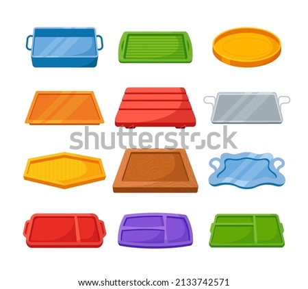 Set Empty Plastic, Metal and Wooden Trays, Blank Takeout Items. Serving Trays for Home Kitchen, Caterer Food, Office Parties, Banquet Events Isolated on White Background. Cartoon Vector Illustration Сток-фото © 