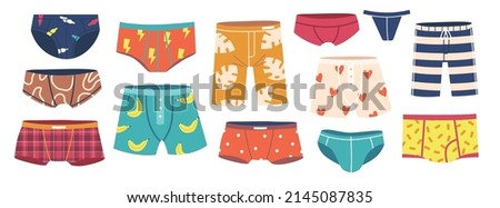 Set of Mens Underpants, Underwear Clothing Design. Swimming Trunks, Briefs and Panties. Male Everyday Clothes. Colorful Boxers and Swimwear. Casual Underclothes, Garment. Cartoon Vector Illustration