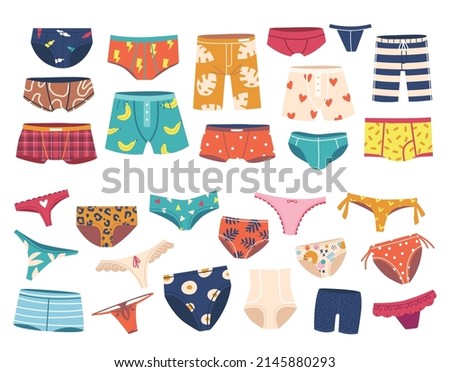 Set of Underpants for Men and Women, Slimming or Swimming Underwear Design. Trunks, Briefs and Panties. Male or Female Colorful Everyday Clothes, Underclothes, Garment. Cartoon Vector Illustration