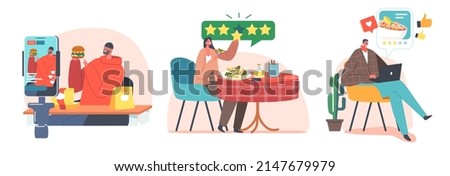 Set of Food Critics, Taster Making Opinion on Food, Wine, Drinks. Professional Writers or Bloggers Making Review and Ranking Restaurant Cuisine, Product Degustation. Cartoon People Vector Illustration