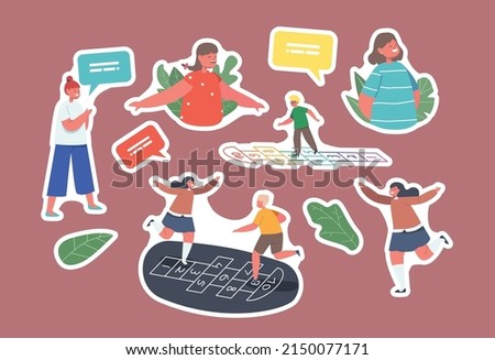 Set of Stickers Children Boys and Girls Characters Play Hopscotch Game at House Yard. Friends Spend Time Together on Playground. Happy Kids Summer Vacation Activity. Cartoon People Vector Illustration Foto stock © 