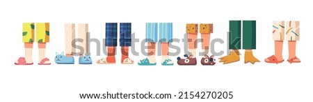 Children Legs in Slippers, Comfortable Stylish Home Shoes, Cozy Kids Footwear of Colorful Design and Creative Shape. Fluffy baby Slippers in Form of Animals Cat, Dog, Paws. Cartoon Vector Illustration