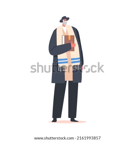 Senior Jewish Man wear National Clothes and Hat Holding Torah Book in Hands. Orthodox Jewish Male Character, Rabbi, Traditional Jew Personage Isolated on White Background. Cartoon Vector Illustration Photo stock © 