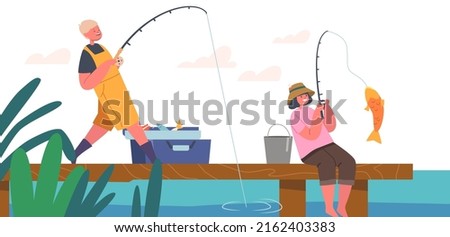 Children Fishing with Rods on Wooden Lake Pier, Boy and Girl Fishermen Having Fun on Pond. Kids Characters Active Leisure on Nature. Summer Time Recreation, Hobby. Cartoon People Vector Illustration