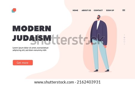 Modern Judaism Landing Page Template. Mature Jewish Man, Smiling Jew wear National Kippah and Casual Clothes, Orthodox Jewish Male Character with Beard, Israel Personage. Cartoon Vector Illustration Photo stock © 