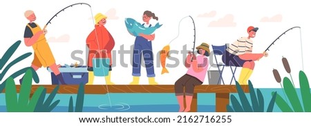 Children Fishermen Having Fun on Pond, Little Boys and Girls Fishing with Rods on Wooden Pier. Kids Characters Summer Time Recreation, Hobby, Leisure on Nature. Cartoon People Vector Illustration