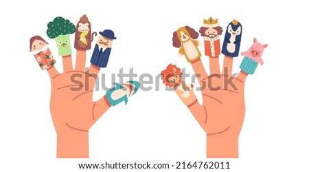 Finger Puppets, Baby Theatre Hand Toys, Show or Fairy Tale Story Characters Funny Animals, King, Broccoli. Family Fun, Cute Little Finger Puppets. Childhood Time Game. Cartoon Vector Illustration