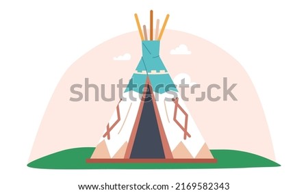 Tent Wigwam Tribal Native Indian Americans Dwelling Made of Animal Skin Decorated with Paintings, Background with Indian House at Summertime Backdrop with Clouds in Sky. Cartoon Vector Illustration Stok fotoğraf © 