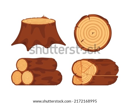 Set of Firewood, Wooden Tree Logs, Round Slices, Stump, Saw Cut Tree Trunk Isolated on White Background. Design Elements, Circular Log Pieces, Manufactured Planks. Cartoon Vector Illustration
