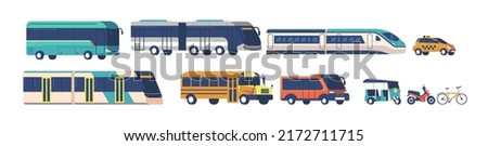 Set of Public Transport Bus, Metro, Trolleybus and Train. School Bus, Scooter, Taxi and Bicycle Isolated on White Background. City Commuter Transportation, Vehicle Cars. Cartoon Vector Illustration