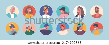 Set of People Avatars, Isolated Round Icons of Kids, Young and Senior Male and Female Characters with Different Appearance. Men, Women, Girls or Boys Portraits. Cartoon Vector Illustration