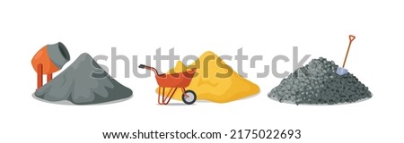 Construction And Building Materials Icons. Concrete Mixer, Pile Of Cement, Trolley With Sand And Gravel with Shovel. Factory Production Isolated on White Background. Cartoon Vector Illustration