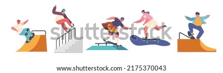 Set of Children Skating in City Park. Teen or Preteen Kids Skaters on Longboards, Boys and Girls . Urban Culture, Lifestyle, Sport Stunts and Tricks on Skateboards. Cartoon People Vector Illustration
