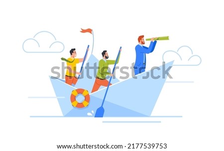 Businessmen Team Floating on Paper Ship Rowing with Paddles and Looking into Spyglass. Characters Sailing on Origami Boat. Work, Leadership, Motivation Concept. Cartoon People Vector illustration