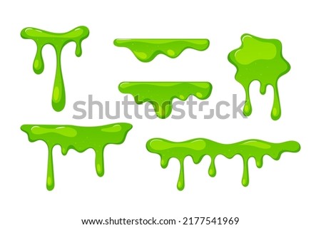 Set of Dripping Green Slime Textures, Border and Spots Isolated Elements on White Background, Falling Syrup Drops Dribble Down, Sticky Radioactive Toxic Liquid, Zombie Goo. Cartoon Vector Illustration
