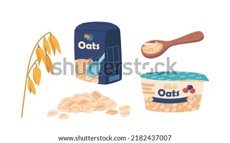 Set Oatmeal Breakfast, Yoghurt with Granola in Plastic Jar, Spoon with Porridge, Ripe Plant Stem with Grains, Muesli or Oat Flakes in Package, Pile of Dry Flakes . Cartoon Vector Illustration