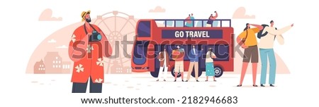 Group Of Tourists Travel on Bus. Kids, Young And Senior Characters Visiting Sightseeing, People In Casual Clothes Standing Near Red Double-decker Autobus Vehicle. Cartoon People Vector Illustration